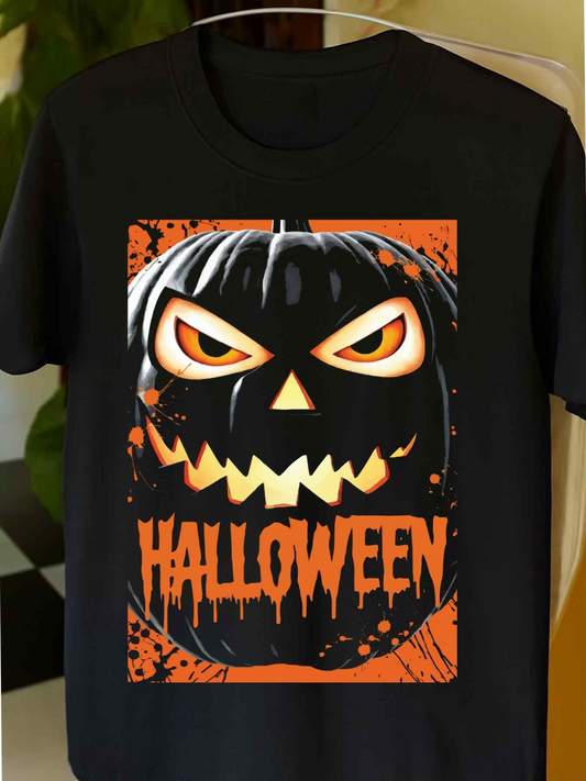 Men's Graphic T-Shirt Halloween Fiery Eyes Glowing Pumpkin Face With Orange Shadows Pumpkin
