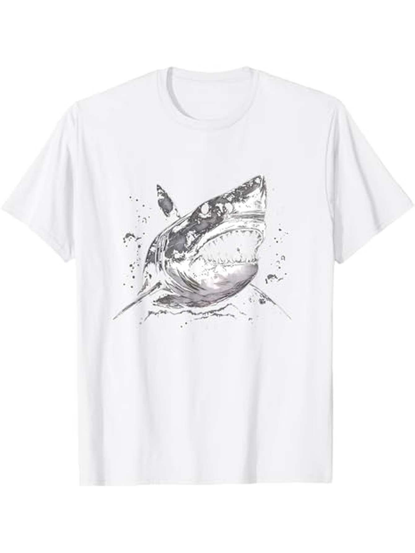 Men's Graphic T-Shirt Black White Splash Effect With Realistic Powerful Water Shark