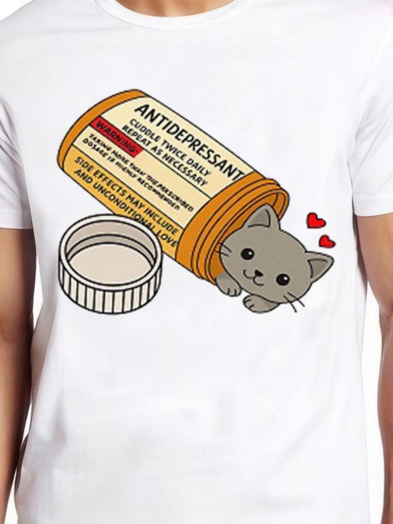Men's Graphic T-Shirt Cute Grey Cat Popping Out Of Open Pill Bottle Surrounded By Red Hearts