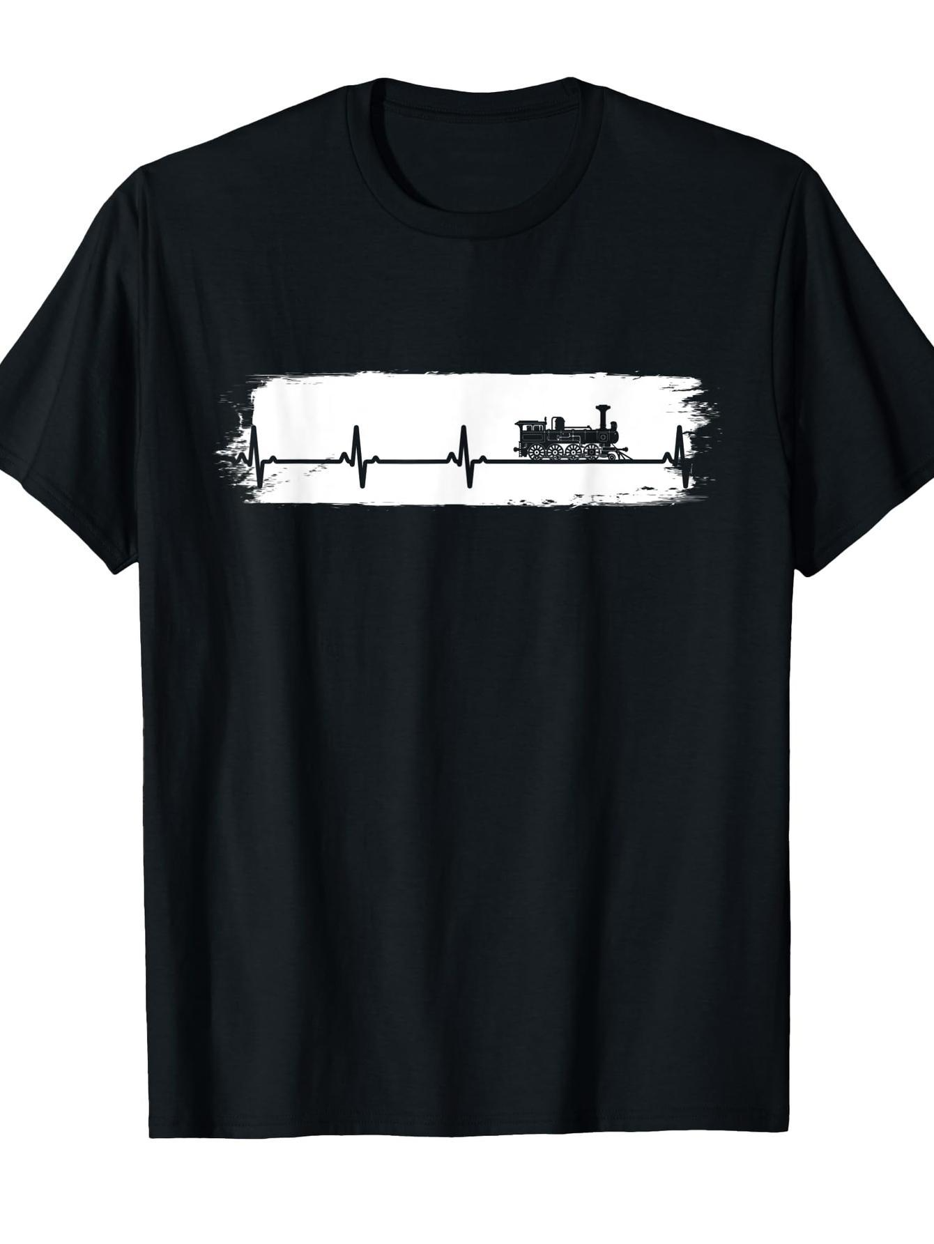 Men's Graphic T-Shirt Heartbeat Line With Silhouette Of Factory And Tall Trees