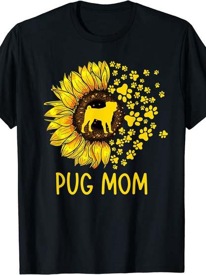 Men's Graphic T-Shirt Pug Mom Blooming Sunflower With Paw Prints And Silhouette Of Dog