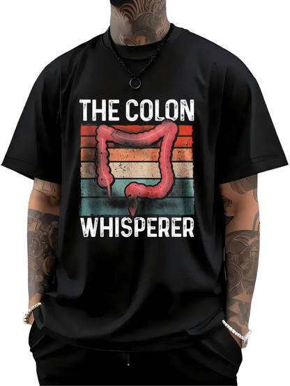 Men's Graphic T-Shirt The Colon Whisperer Colorful Striped Background With Anatomical Colon Illustration
