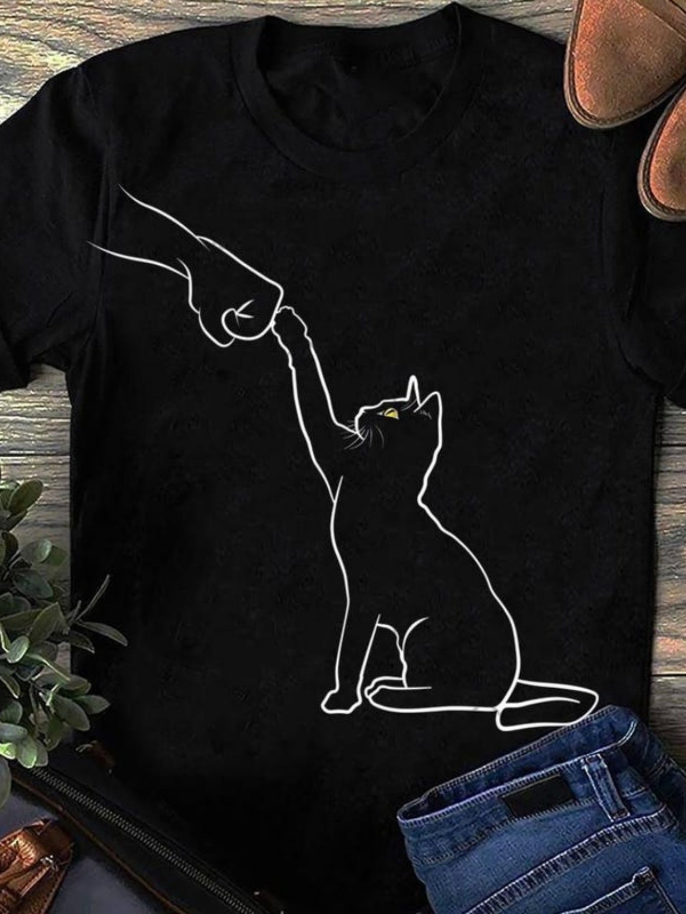 Men's Graphic T-Shirt Simple White Lines With Playful Cat Touching A Human Hand Cat