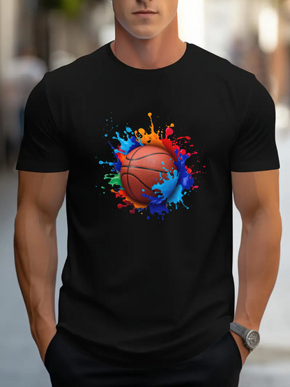 Men's Graphic T-Shirt Colorful Ink Splash Bursting With Energy Embracing Centered Basketball