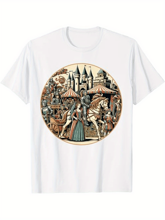 Men's Graphic T-Shirt Medieval Romance In Festive Castle Courtyard With Horses And People