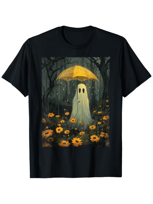 Men's Graphic T-Shirt Ghost Holding Yellow Umbrella Among Sunflowers In Forest