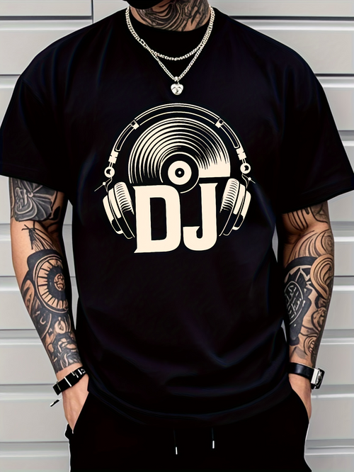 Men's Graphic T-Shirt Vinyl Record With Headphones Featuring Bold DJ Lettering