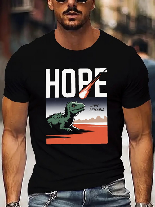 Men's Graphic T-Shirt Hope With Sunset Meteor Falling Over Desert Dinosaur