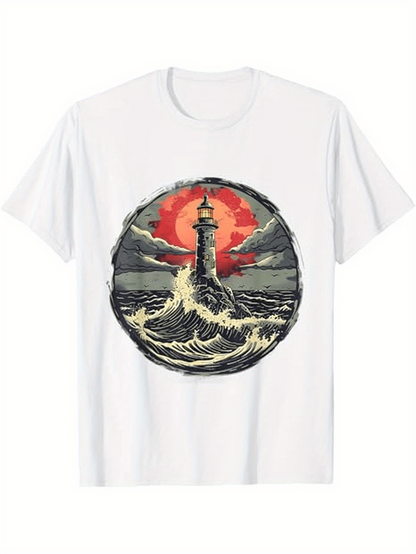 Men's Graphic T-Shirt Crashing Ocean Waves With Dramatic Red Sun Behind Lighthouse