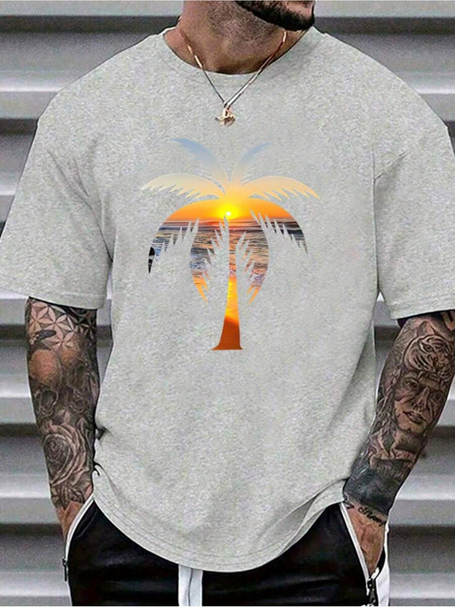 Men's Graphic T-Shirt Sunset Glow Shining Through Palm Leaves Over Tranquil Silhouette Palm Tree