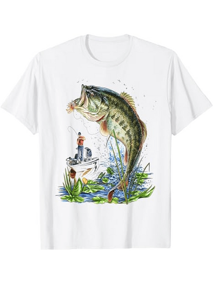 Men's Graphic T-Shirt Lively Splashing Water With Grass And Fisherman Jumping Fish