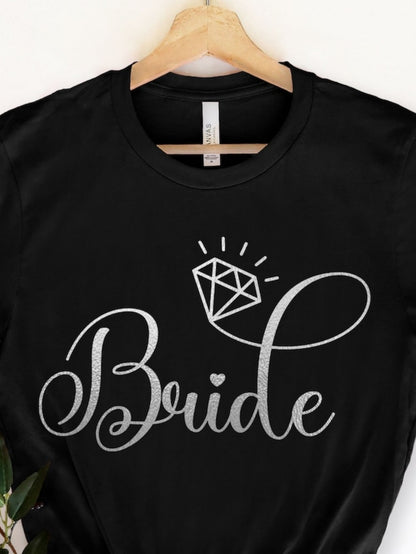 Women's Graphic T-Shirt Bride Elegant Script With Sparkling Diamond Motif On Wedding Tee