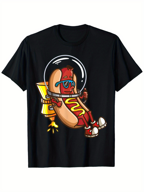 Men's Graphic T-Shirt Cartoon Hot Dog With Space Helmet Jetpack Boots And Sunglasses Character