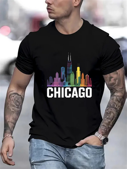 Men's Graphic T-Shirt Chicago Rainbow Skyline With Colorful Urban City Buildings