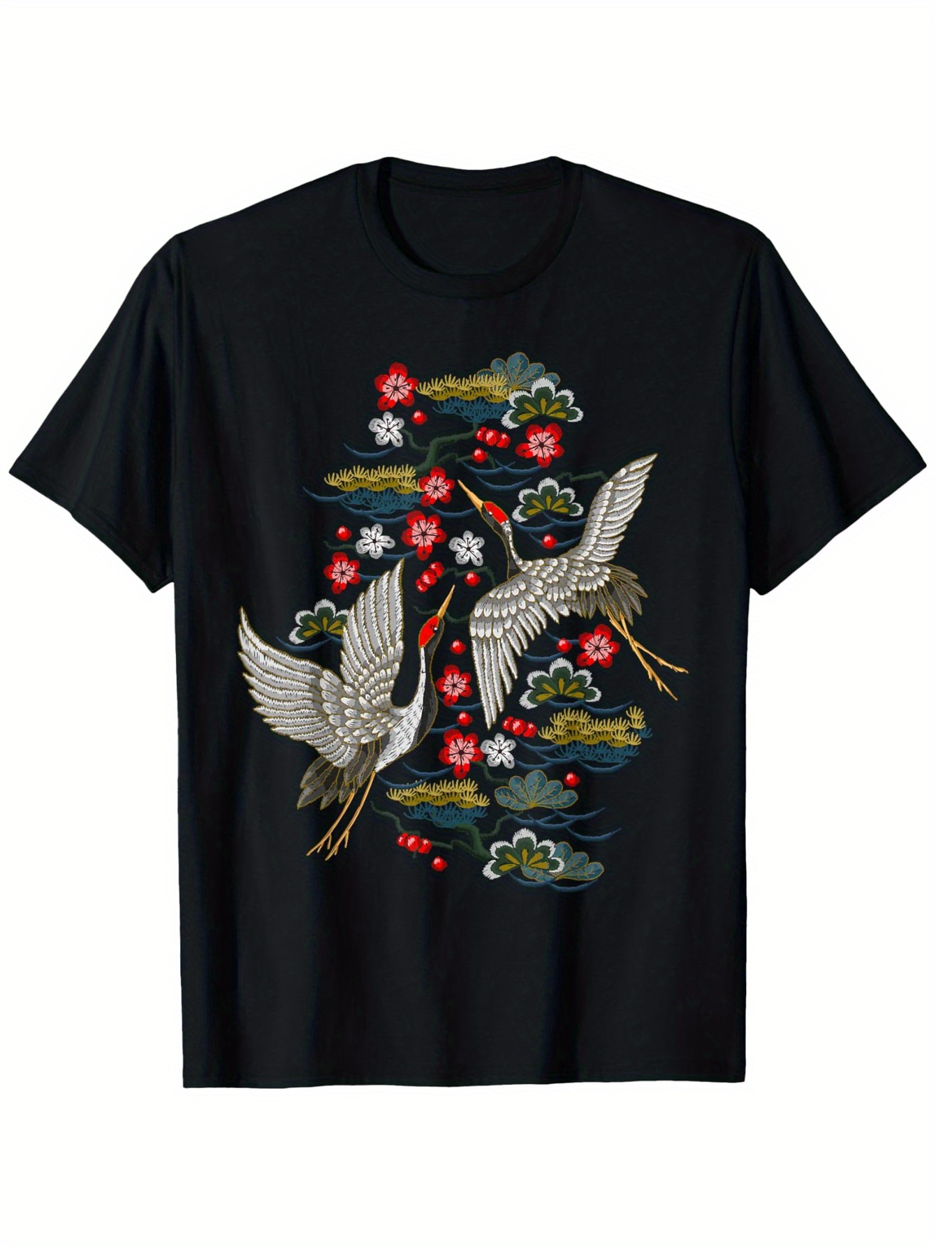 Men's Graphic T-Shirt Elegant Flying Cranes With Blossoming Flowers Among Floating Evening Clouds Cranes