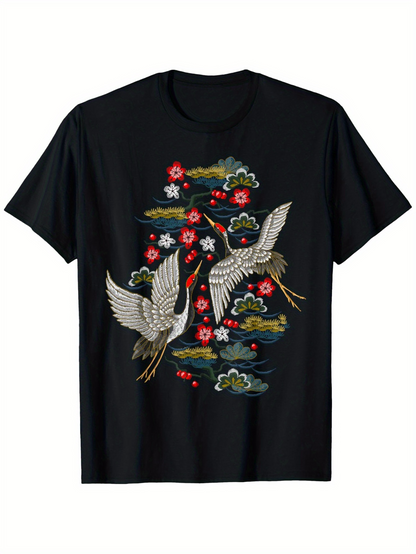 Men's Graphic T-Shirt Elegant Flying Cranes With Blossoming Flowers Among Floating Evening Clouds Cranes