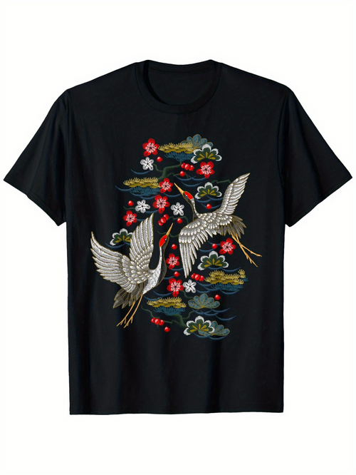 Men's Graphic T-Shirt Elegant Flying Cranes With Blossoming Flowers Among Floating Evening Clouds Cranes