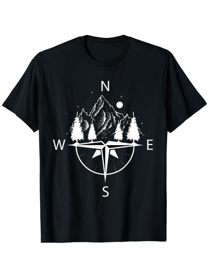 Men's Graphic T-Shirt Compass Rose With Snow Covered Pines And Majestic Mountain Under Moonlight