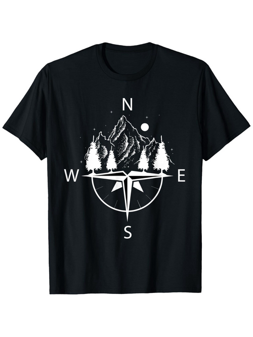 Men's Graphic T-Shirt Compass Rose With Snow Covered Pines And Majestic Mountain Under Moonlight