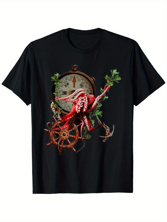 Men's Graphic T-Shirt Vintage Nautical Compass With Octopus And Red Coral Steering Wheel