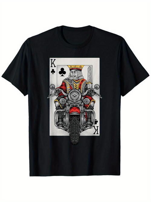 Men's Graphic T-Shirt Playing Card King Riding Motorcycle Illustration