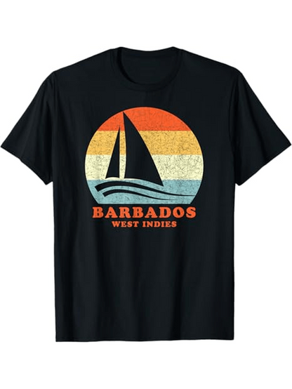 Men's Graphic T-Shirt Barbados West Indies Retro Sunset With Silhouette Sailboat At Sea