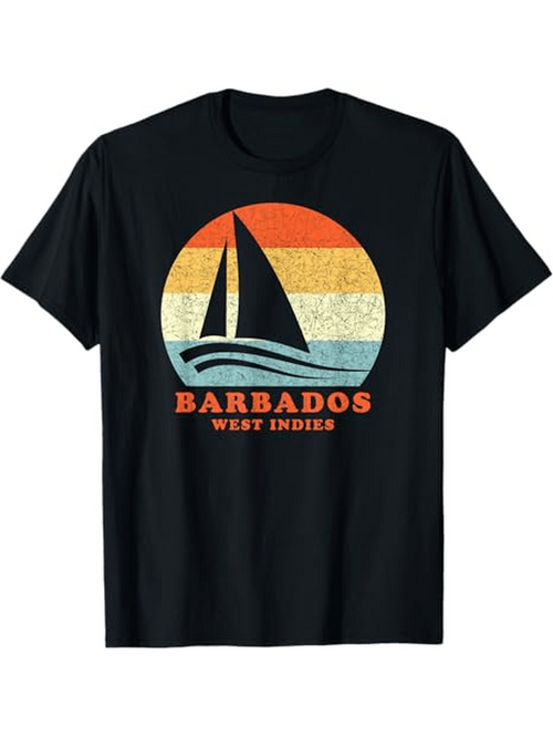 Men's Graphic T-Shirt Barbados West Indies Retro Sunset With Silhouette Sailboat At Sea