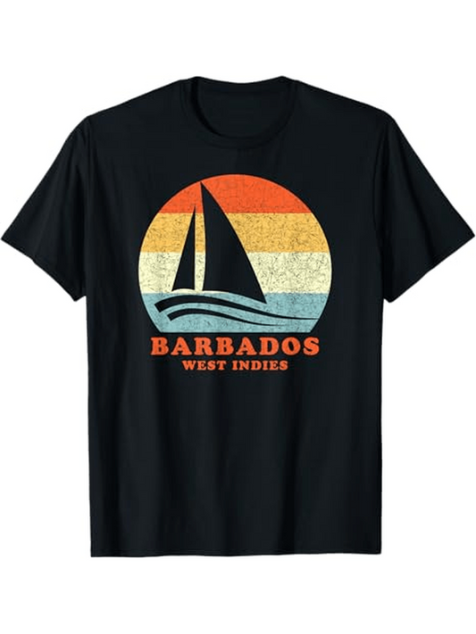 Men's Graphic T-Shirt Barbados West Indies Retro Sunset With Silhouette Sailboat At Sea