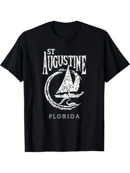Men's Graphic T-Shirt St Augustine Florida With Retro Sailing Waves And Boat