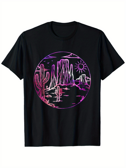 Men's Graphic T-Shirt Vivid Desert Night With Pink Cactus And Glowing Rock Mountains