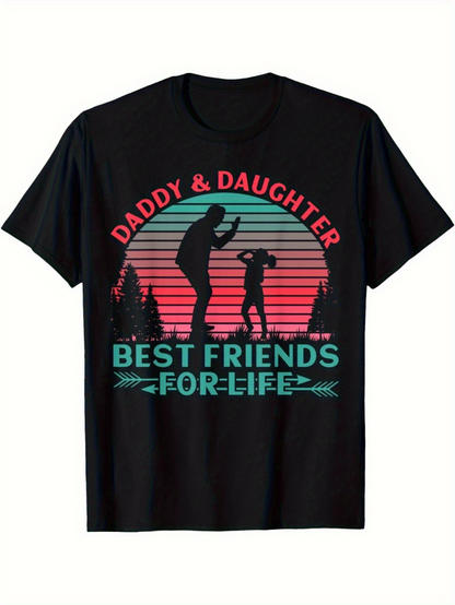 Men's Graphic T-Shirt Daddy Daughter Pink Sunset With Forest Silhouette Featuring Dancing People