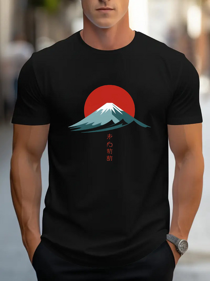 Men's Graphic T-Shirt Radiant Red Sun Behind Snowcapped Mountain With Rising Mist Landscape
