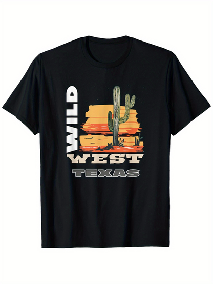 Men's Graphic T-Shirt Wild West Texas Desert Cactus Landscape Under Evening Sky