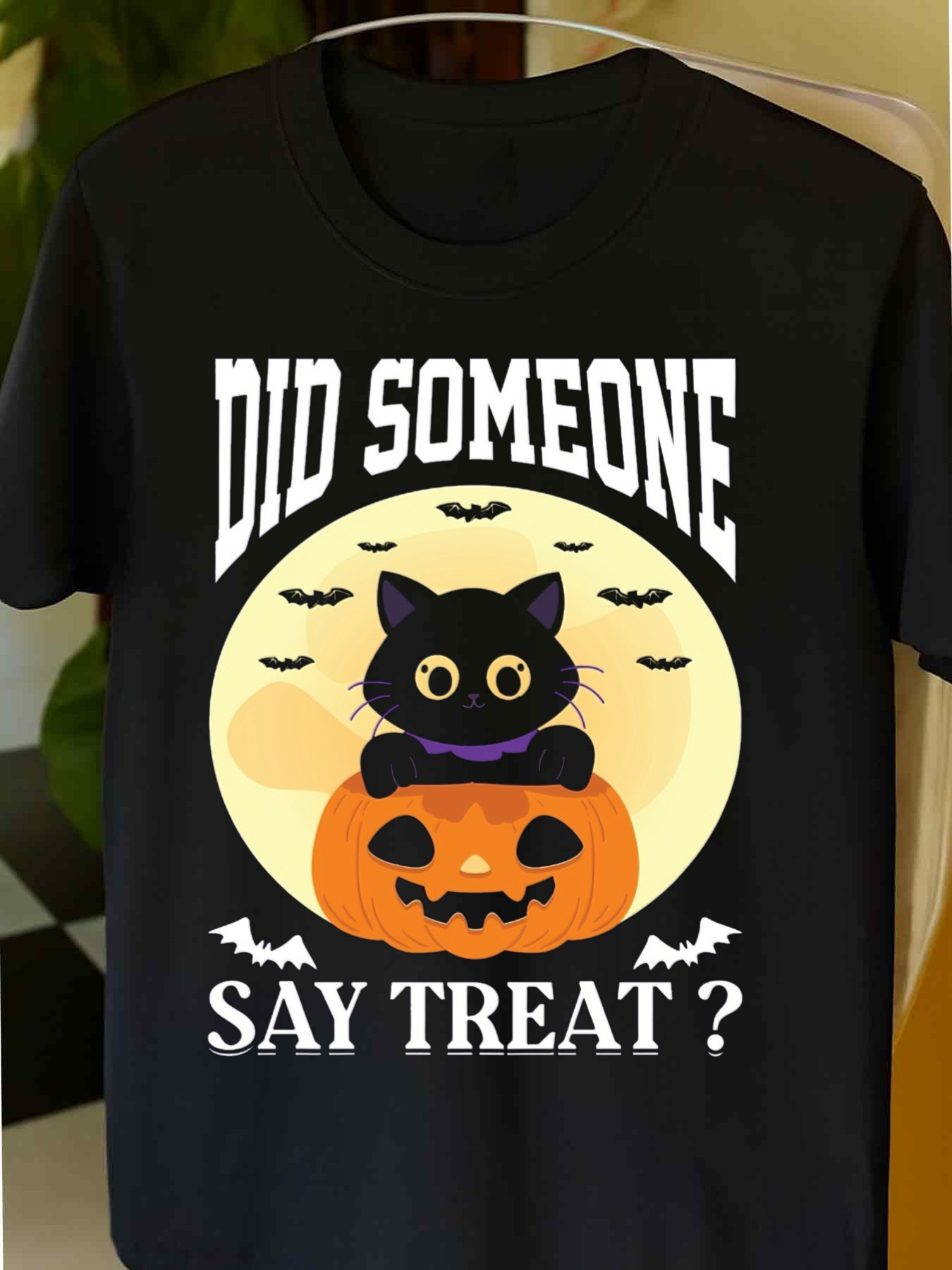Men's Graphic T-Shirt Did Someone Say Treat Cute Cat Sitting On Pumpkin Under Full Moon