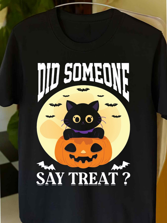 Men's Graphic T-Shirt Did Someone Say Treat Cute Cat Sitting On Pumpkin Under Full Moon