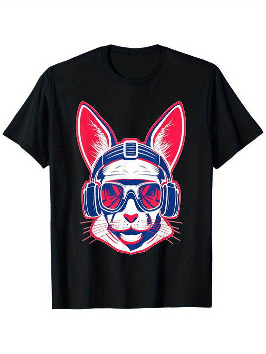 Men's Graphic T-Shirt Neon Headphones With Retro Sunglasses Wearing Rabbit