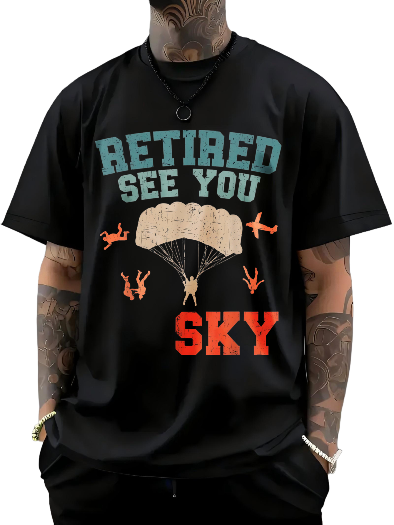 Men's Graphic T-Shirt Retired See You Sky With Colorful Parachute Falling Figures Airplane Silhouette