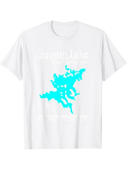 Men's Graphic T-Shirt Squam Lake Bright Turquoise Water Silhouette Map On Plain White