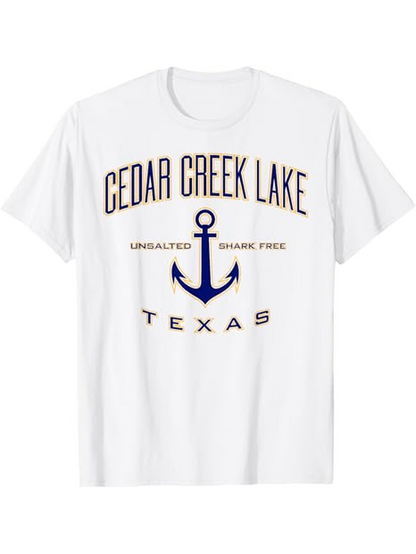 Men's Graphic T-Shirt Cedar Creek Lake With Blue Anchor And Texas Lettering Design