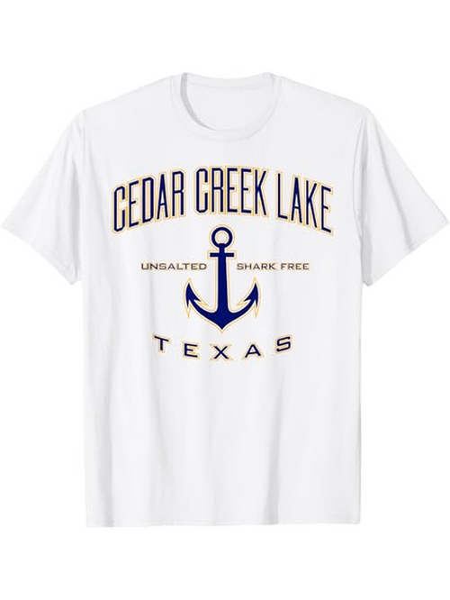 Men's Graphic T-Shirt Cedar Creek Lake With Blue Anchor And Texas Lettering Design