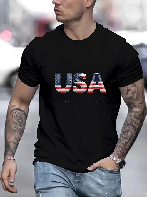 Men's Graphic T-Shirt USA American Flag Letters Surrounded By Urban City Street Scene T Shirt