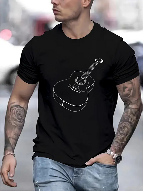 Men's Graphic T-Shirt Minimalist Line Drawing Style Acoustic Guitar Design