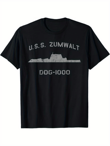Men's Graphic T-Shirt USS Zumwalt Gray Warship Silhouette With Block Letters Shirt