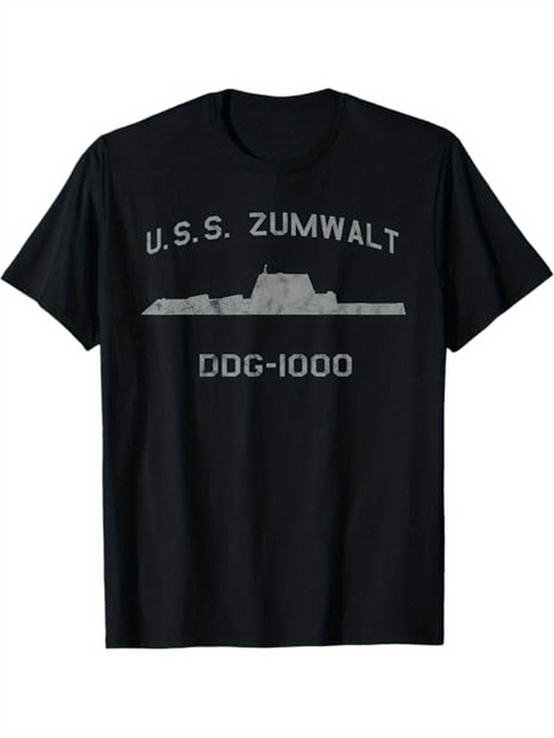 Men's Graphic T-Shirt USS Zumwalt Gray Warship Silhouette With Block Letters Shirt