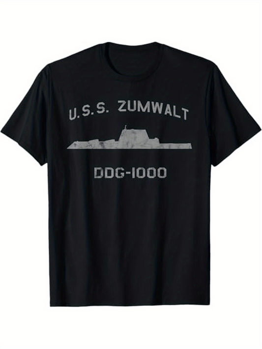 Men's Graphic T-Shirt USS Zumwalt Gray Warship Silhouette With Block Letters Shirt