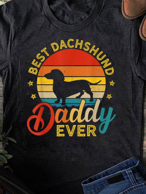 Women's Graphic T-Shirt Best Dachshund Daddy Ever Retro Sunset With Silhouette Stars Dachshund