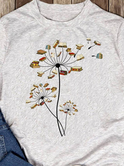 Men's Graphic T-Shirt Blowing Dandelions With Scattered Books In Soft Pastel Colors Dandelion