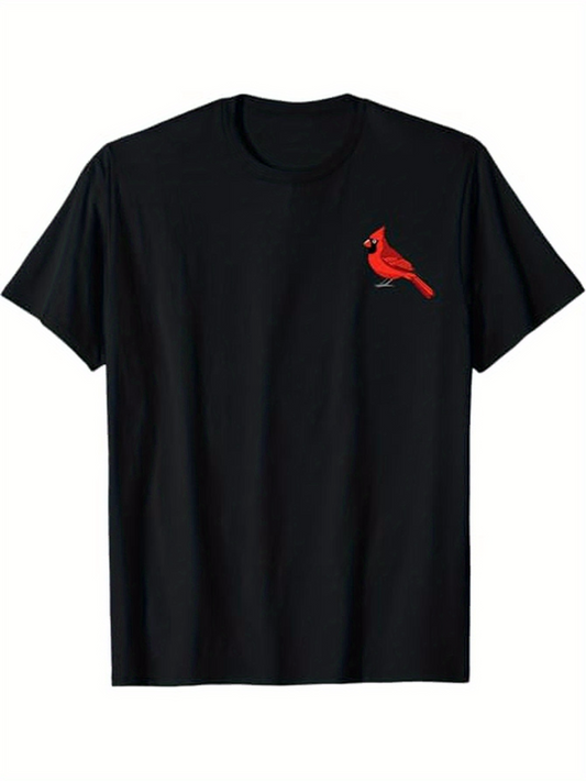 Men's Graphic T-Shirt Vivid Red Bird Resting On Black Cotton T Shirt