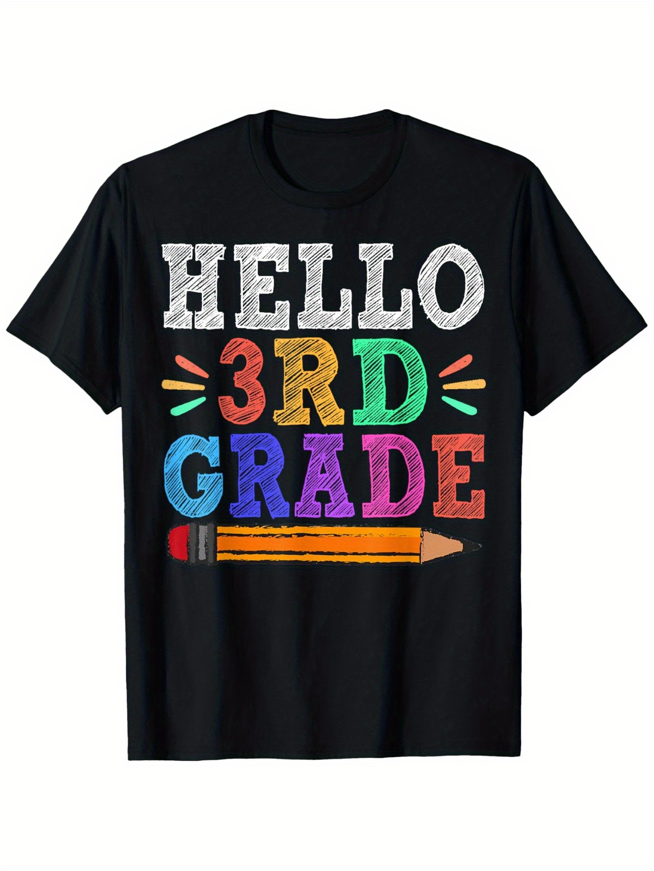 Men's Graphic T-Shirt Hello 3rd Grade Colorful Chalk Text With Yellow Pencil