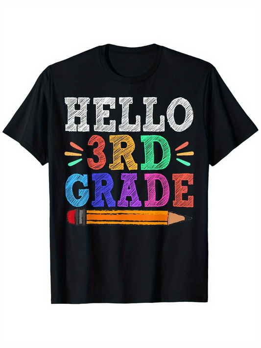 Men's Graphic T-Shirt Hello 3rd Grade Colorful Chalk Text With Yellow Pencil